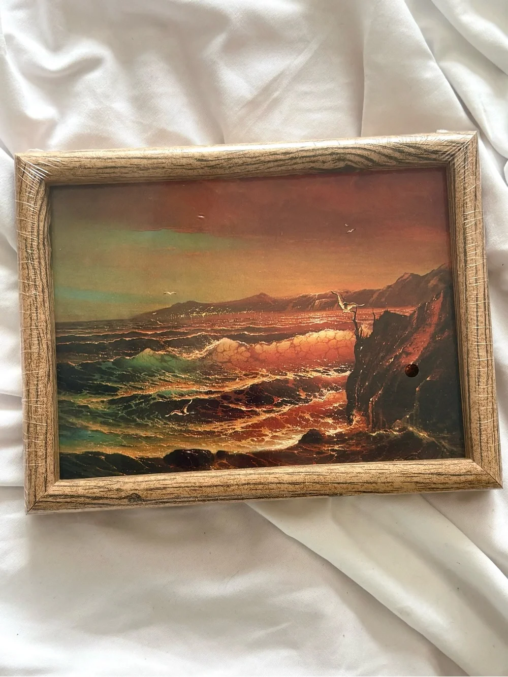 Vintage 70s sunset beach ocean art print framed wood new wall home decor